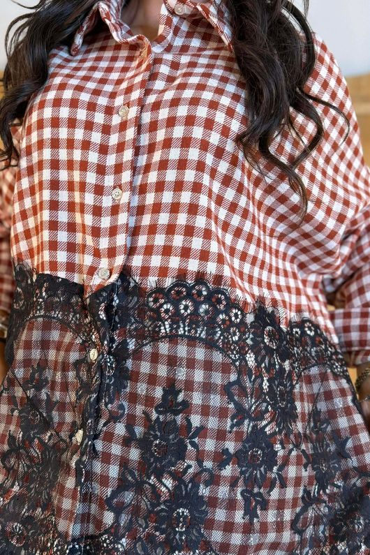 Zeta Otto Brushed Cotton Boxy Gingham Lace Blouse Ginger /9=